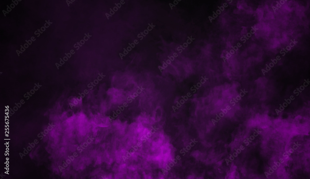 Purple fog and mist effect on isolated black background for text or space. Texture smoke