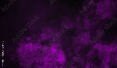 Purple fog and mist effect on isolated black background for text or space. Texture smoke