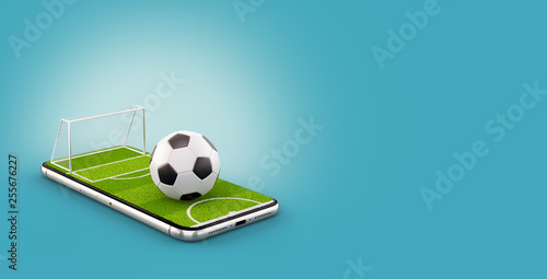 Unusual 3d illustration of a soccer field and soccer ball on a smartphone screen. Watching soccer and betting online concept