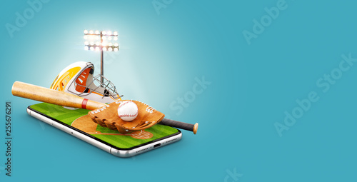Photography Unusual 3d illustration of a baseball stadium with bat, helmet, baseball glove and ball on a smartphone screen