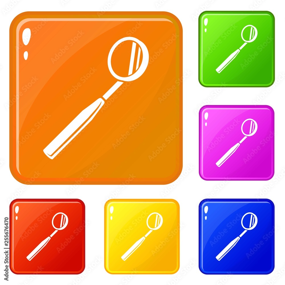 Tooth tool mirror icons set collection vector 6 color isolated on white background Tooth tool mirror icons set collection vector 6 color isolated on white background
