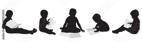 Silhouettes of reading boys. Set. Vector illustration.