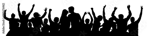 Cheerful crowd people silhouette. Kiss of young couple