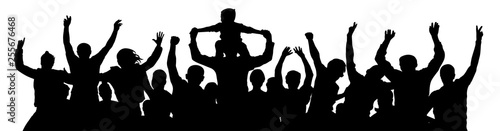 Cheerful crowd people silhouette. Child sits on the neck of a man. Applause people hands up. Vector Illustration party celebrating