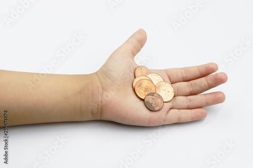 Kid hand showing money coins , child holding a coins on his hand isolate on white background, saving money for the future.