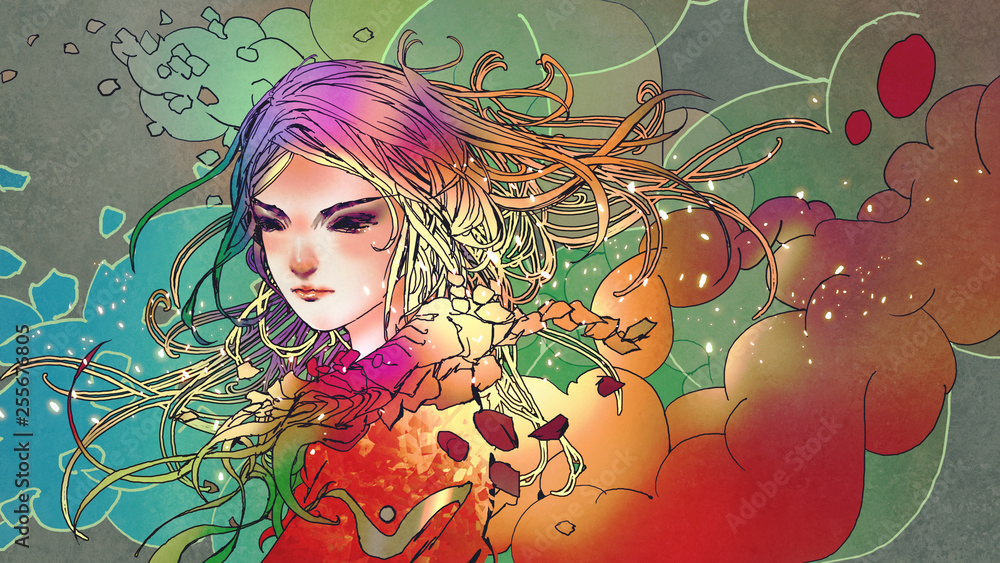 portrait of the beautiful girl in colorful smoke with anime style, illustration painting
