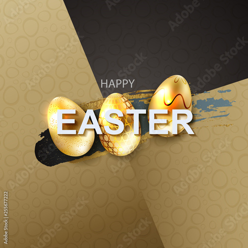 Easter composition with the silhouette of three eggs of golden brilliant shade and text,
