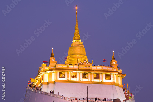 Chedi Buddhist temple Wat Saket close-up in the evening twilight. Bangkok, Thailand © sikaraha