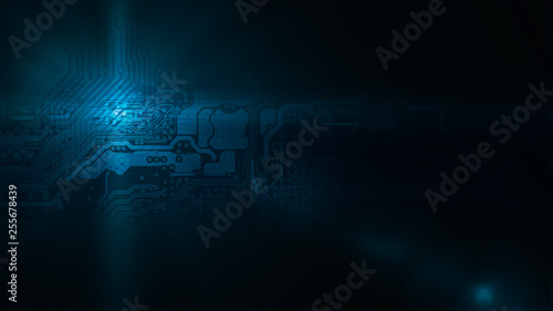 Circuit board double exposure background of dark computer motherboard with light flash lens flare. Highlighting the cyber information value with copy space and faded at the sides.