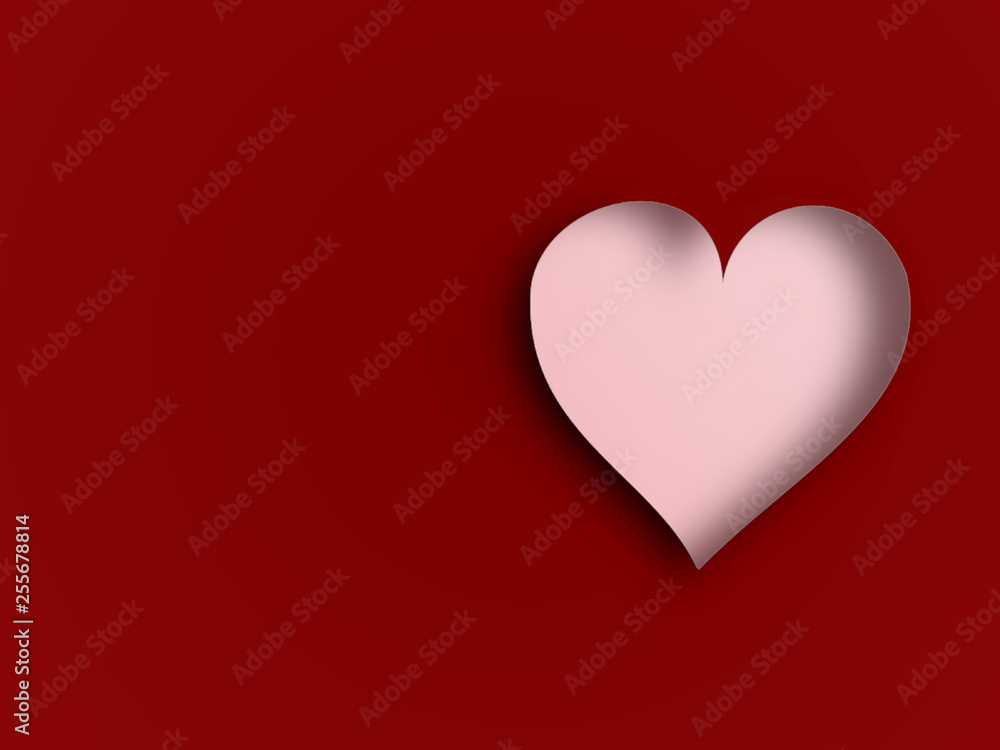 Pastel pink heart shape paper cut with drop shadow for valentine symbol isolated on red background.