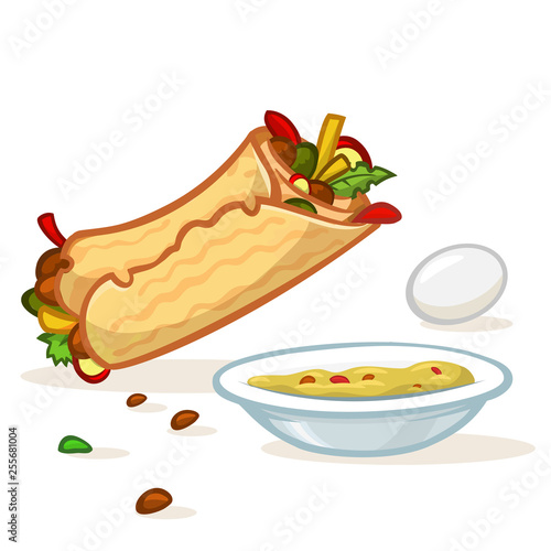 Cartoon falafel roll, plate with hummus and egg illustration. Street food icons. Vector isolated