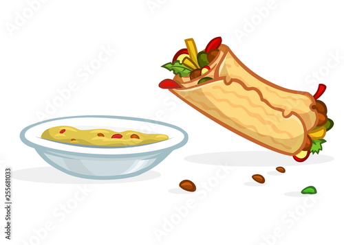 Cartoon falafel roll, plate with hummus. Street food icons. Vector illustration isolated