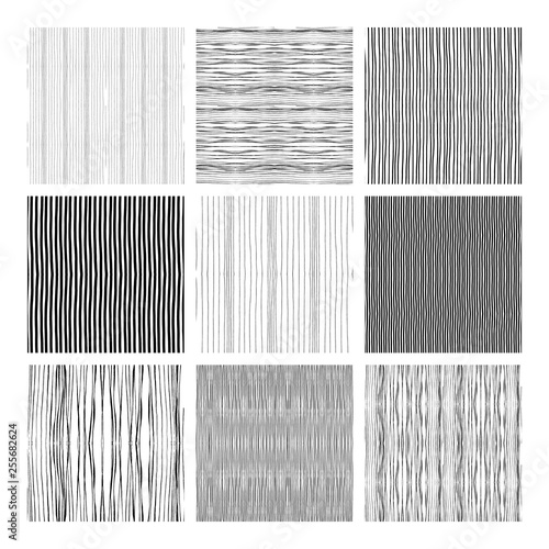 set of seamless patterns of hand-drawn lines pen, felt-tip pen, brush. vector black and white illustration