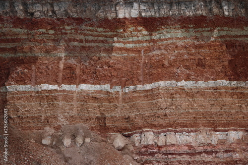  texture of different layers of clay underground in  clay quarry after geological study of soil.