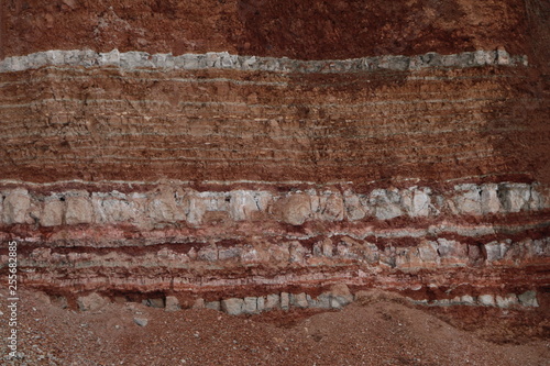  texture of different layers of clay underground in  clay quarry after geological study of soil. photo