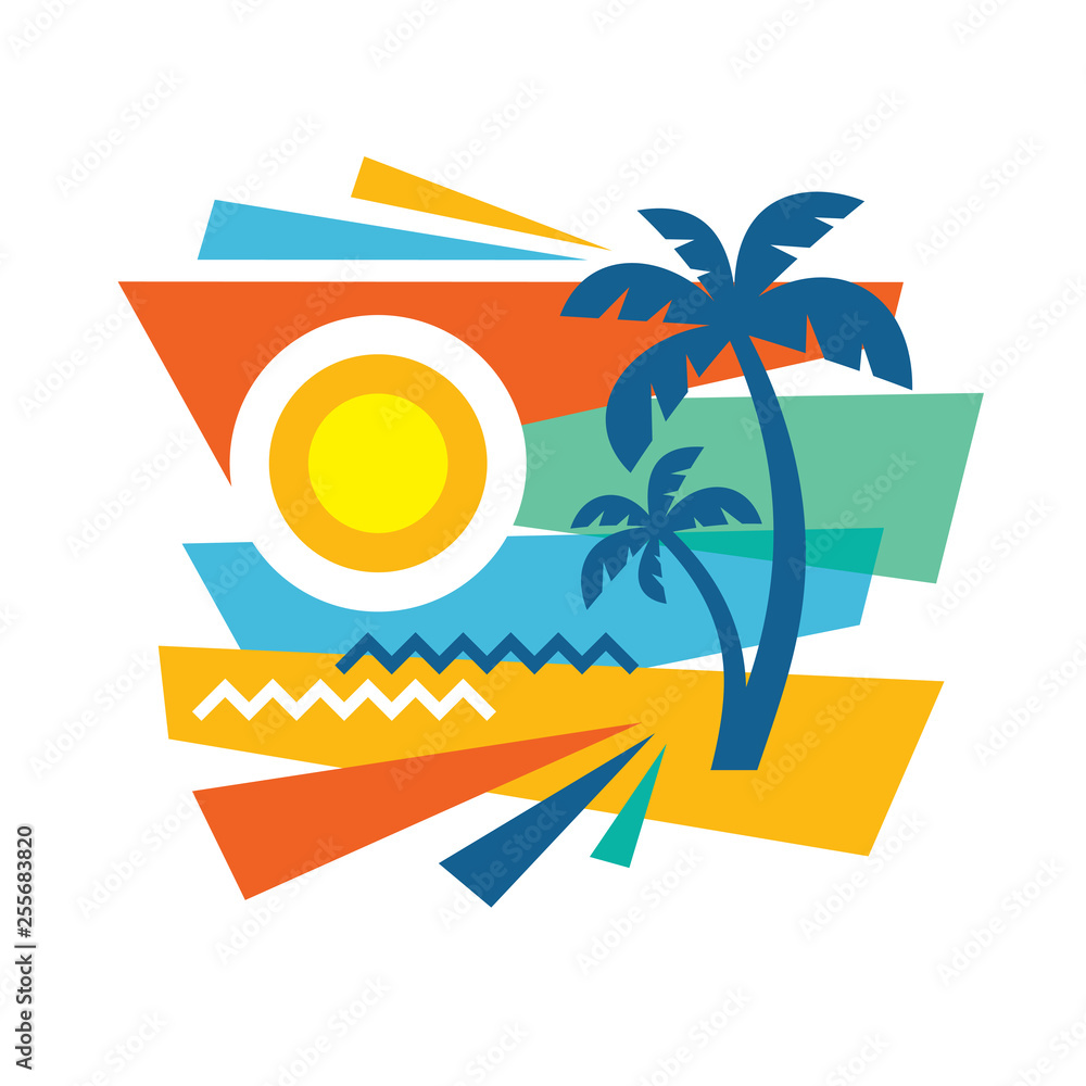 Summer tropical vacation - concept advertising promotion banner in flat  style. Travel creative poster vector illustration. Sun, beach, palms, sea  waves signs. Abstract background graphic design. Stock Vector | Adobe Stock