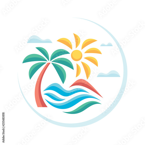 Summer tropical vacation - concept advertising promotion banner in flat style. Travel creative poster vector illustration in circle shape. Abstract background graphic design. 