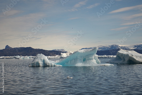 Icebergs. Blue ice  clear sea water.