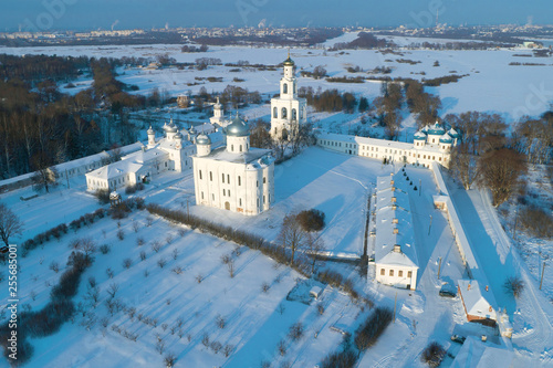 View of St. Yuriev Monastery temples in the January frosty afternoon  aerial photography . Veliky Novgorod  Russia