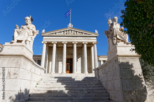 national academy of Athens Greece, main facade view  with Plato and Socrates statues