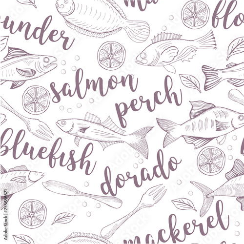 Saemless Vector line sketches of fish and seafood with lemon, spices and herbs. Handmade set isolated on a white background