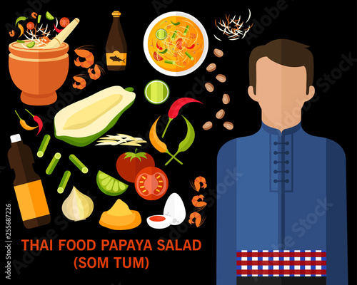 Thai food papaya salad (Som Tum) concept background .Flat icons
