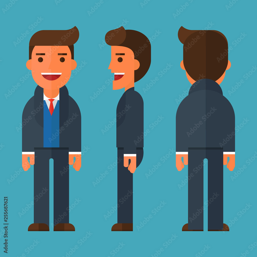 Naklejka premium Flat businessman Character with different poses and front, side and back view