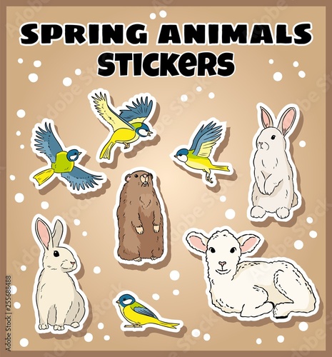 Set of spring animals stickers. Label doodles collection