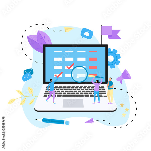 Flat design business calendar on laptop computer with events, reminders and planning