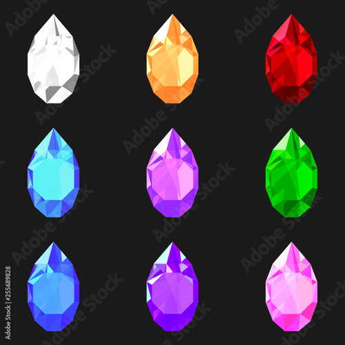 set of drop shaped gemstones of different colors. Jewels for design