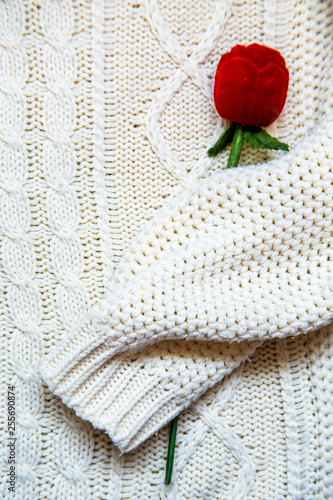 white knitted men's sweater with artificial flower, copy space