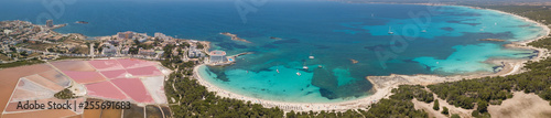 Colonia Sant Jordi, Mallorca Spain. Amazing drone aerial landscape of the pink salt flats and the charming beach Estanys