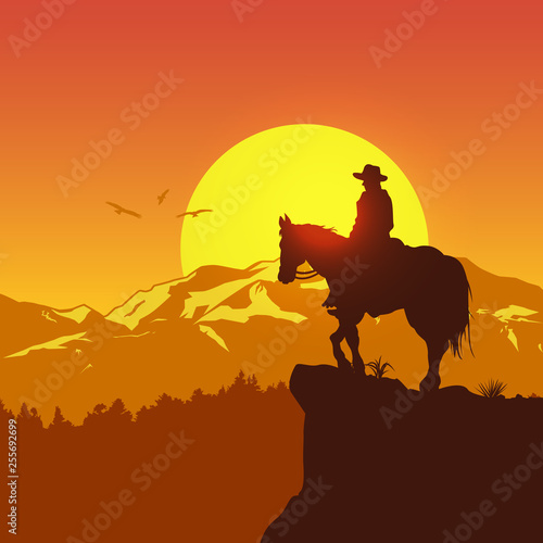 Silhouette of lonesome cowboy riding horse at sunset, Vector Illustration
