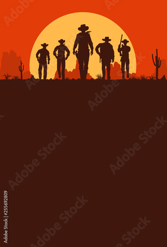 Silhouette of five cowboys walking forward banner