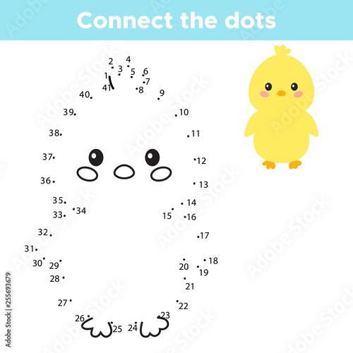 Vector kawaii chick. Educational numbers game for children, connect the dots. Coloring page.
