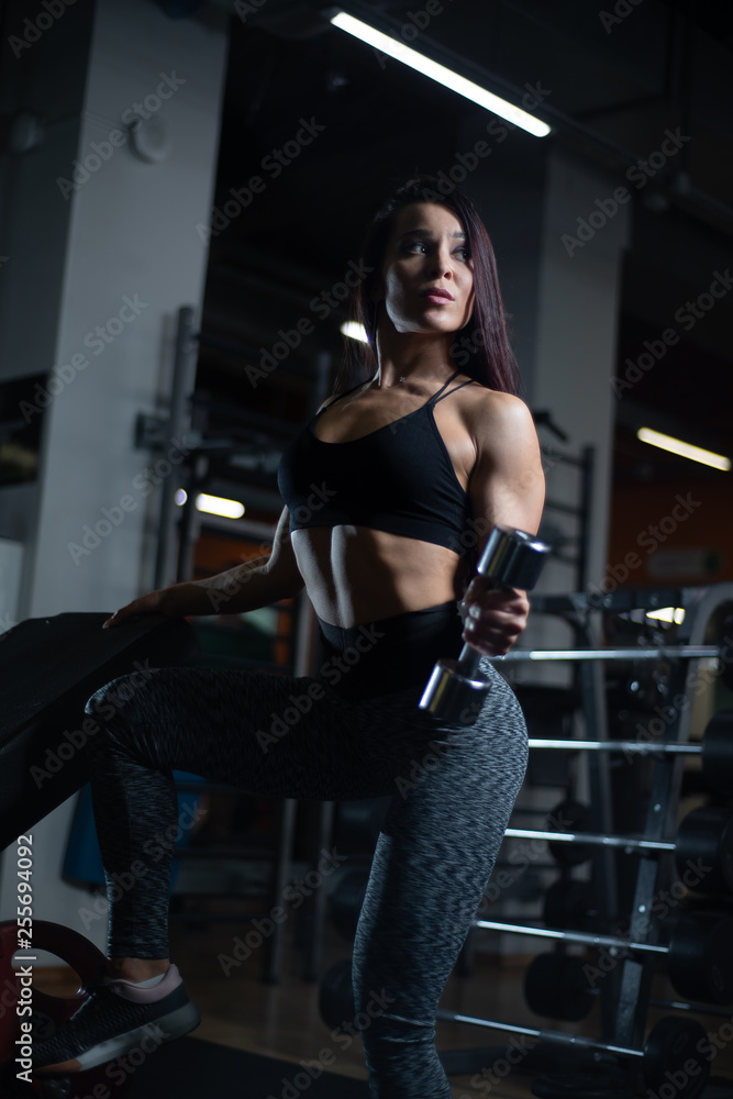 Fitness girl trains biceps with dumbbells in the gym. Fitness girl trains biceps with dumbbells in the gym.