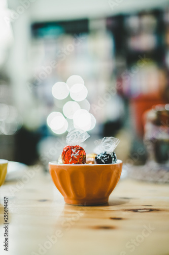 Sweets in bowl, Christmas time, blurry background