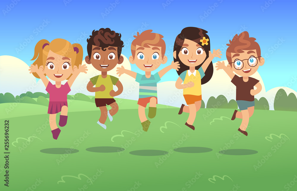 Happy jumping kids. Children holiday cartoon panorama childrens summer meadow park teenagers jump together background