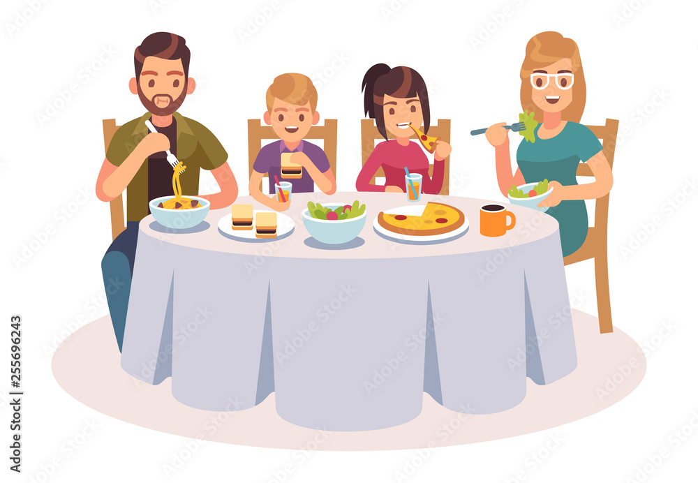 Family eating table. Happy people eat food dinner parents kids father mother daughter drink lunch talking illustration Family eating table. Happy people eat food dinner parents kids father mother daughter drink lunch talking illustration