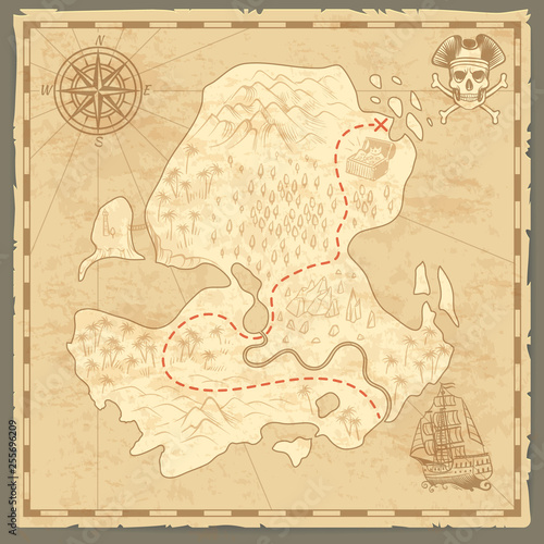 Treasure island map. Retro wallpaper vintage islands map nautical travel background with compass ship pirate concept