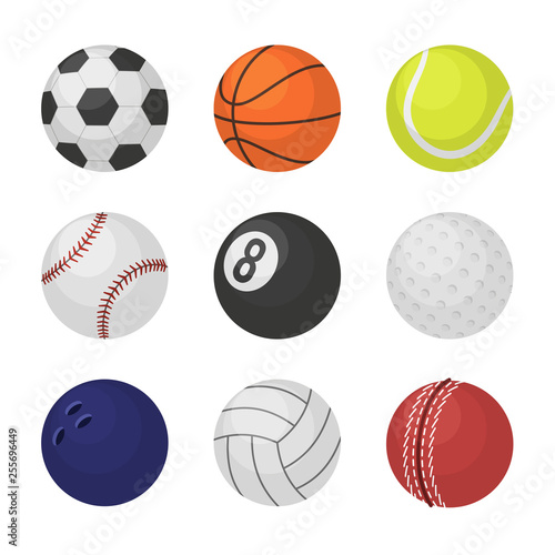 Ball collection. Sports equipment game balls football basketball tennis cricket billiards bowling volleyball symbols