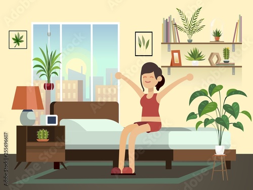 Woman morning. Happy fun young healthy awakening person relax in bed getting up bedroom vector cartoon illustration