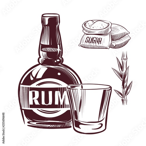 Sketch rum. Retro advertising rum alcohol drink glass and bottle hand drawn vector illustration