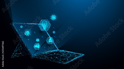 Laptop with technology icons from lines, triangles and particle style design. Illustration vector