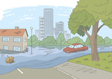 Flood graphic color landscape city sketch illustration vector