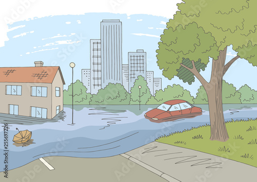 Flood graphic color landscape city sketch illustration vector