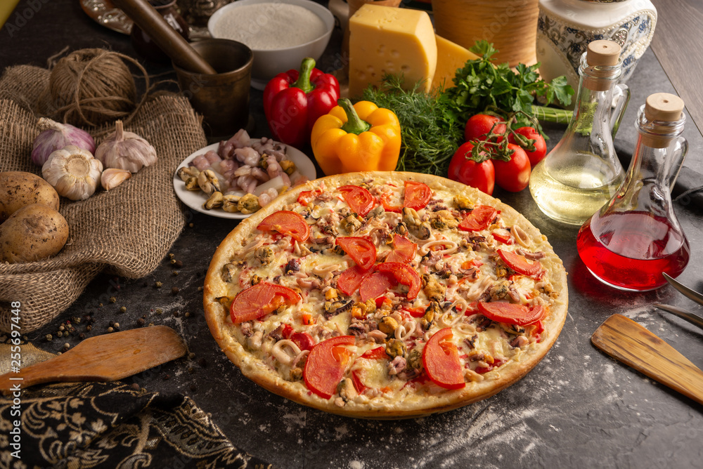 Seafood pizza for a restaurant menu.