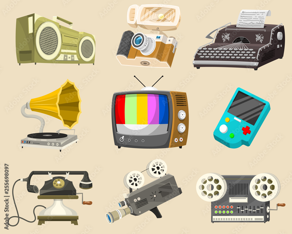 Vintage devices icons. Retro tech media, Television tv, Audio radio music,  Electronic sound recorders, Movie Camera, Typewriter and Console, Vinyl  player. Set of old gadgets and Multimedia technology. Stock Vector | Adobe