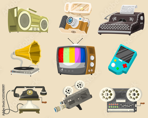 Vintage devices icons. Retro tech media, Television tv, Audio radio music, Electronic sound recorders, Movie Camera, Typewriter and Console, Vinyl player. Set of old gadgets and Multimedia technology.