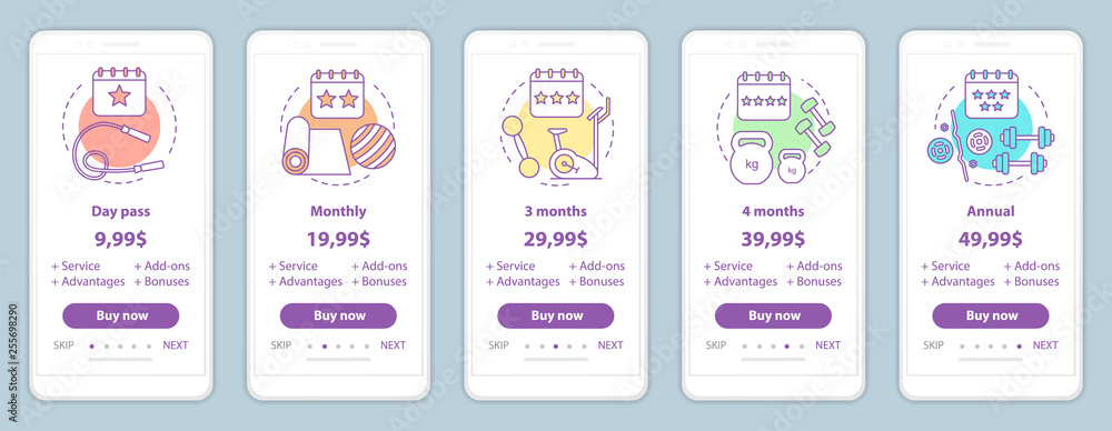 Fitness subscription onboarding mobile app screens prices